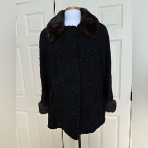 Elegant Lamb Fur with Black mink Fur-Trimmed Women's Coat